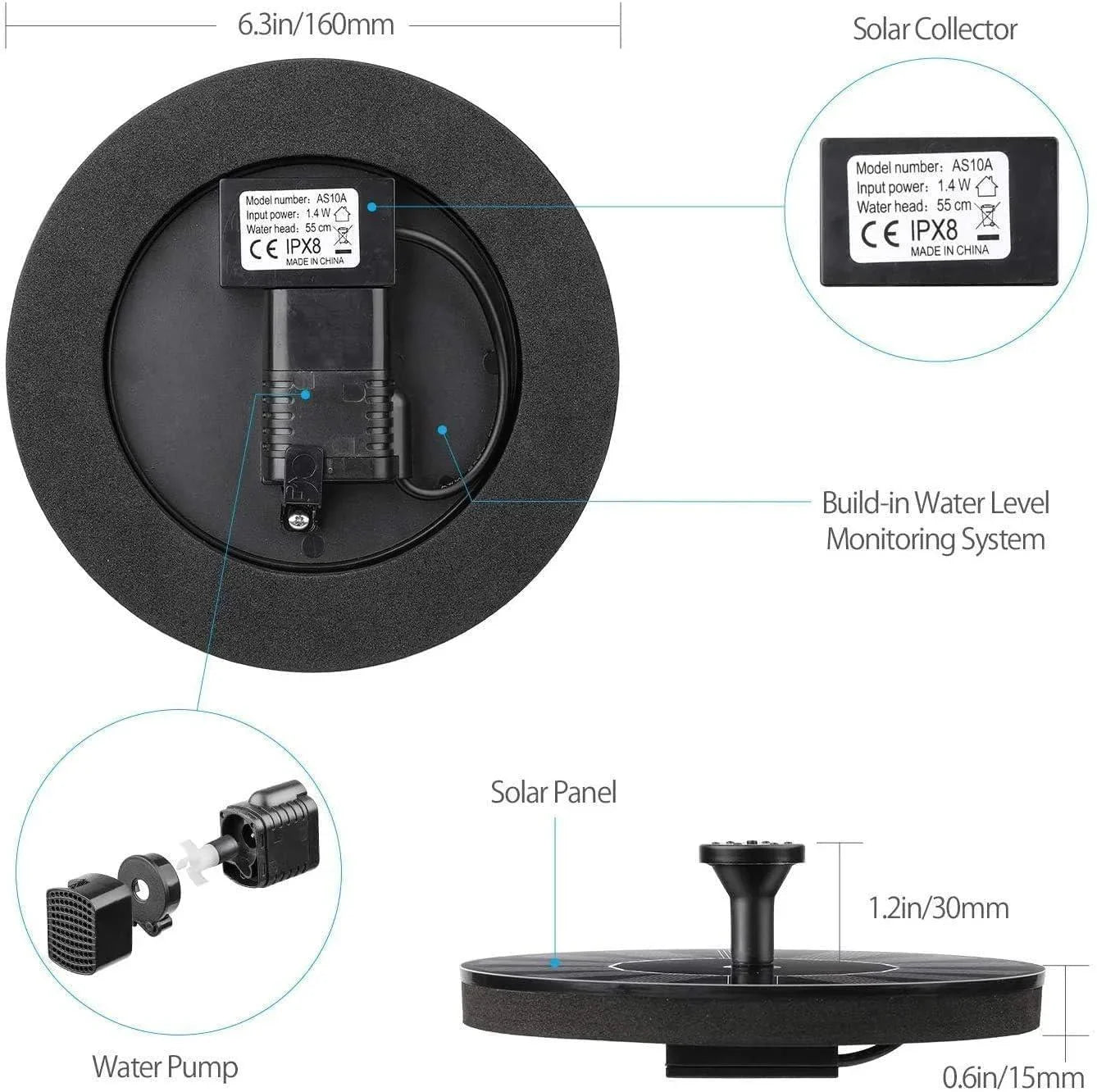 Fountain Solar Power Floating Water Pump for Pool Pond Garden and Patio Plants Round 7V 1.4W Black - Hariyali Hub